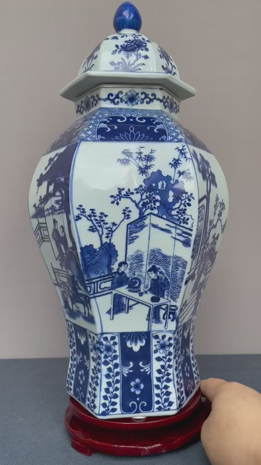 Chinoiserie vase Hexagon Blue and White Chinese Porcelain Ginger Jar